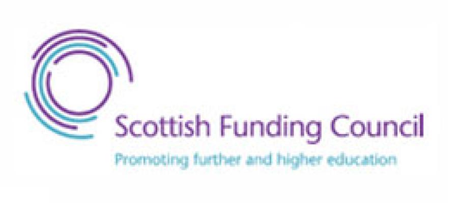 Circle formed of multiple uneven, parallel blue and purple lines next to the text Scottish Funding Council: Promoting further and higher education