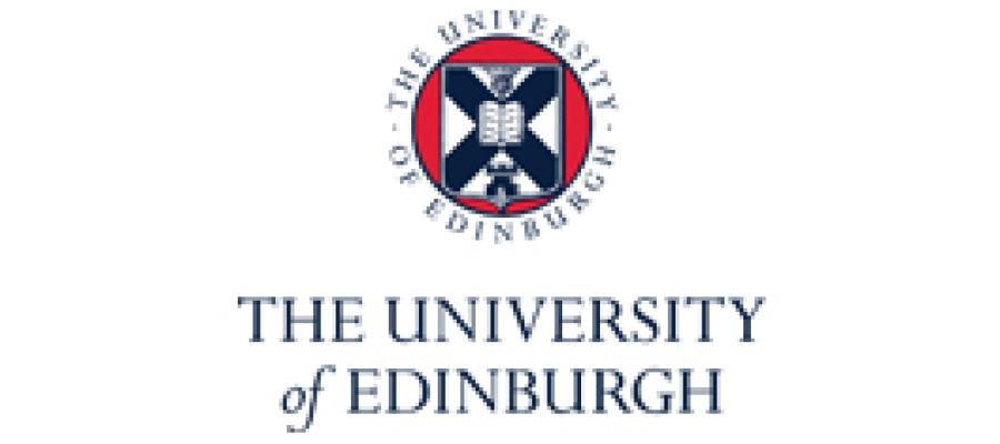 The text: University of Edinburgh with a red circle above it with a blue cross and a book in the centre