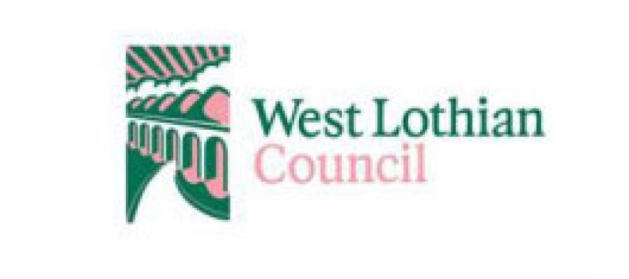 Cartoon style drawing of a bridge in a green and pink colour next to the text: West Lothian Council